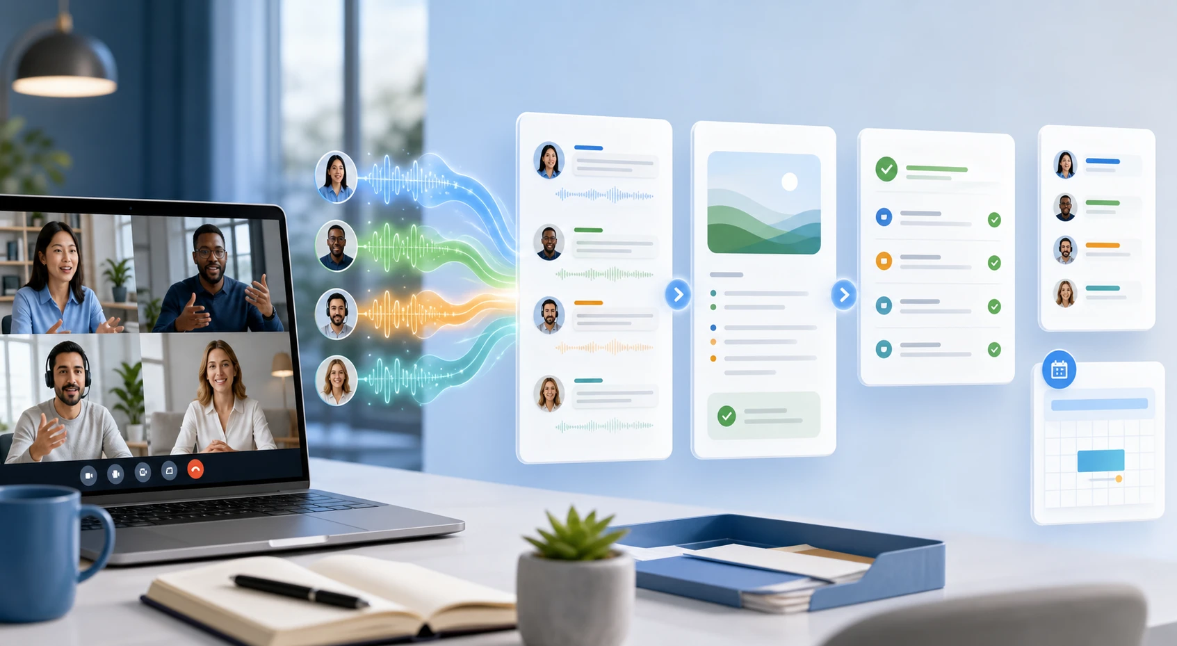 Live translation converted into transcripts, decisions, actions, and follow-up