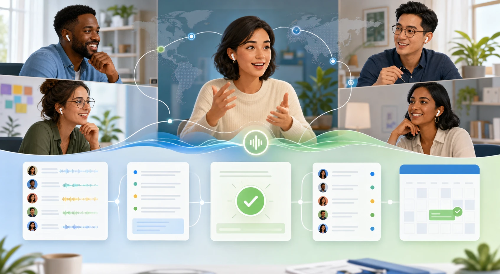 A multilingual business meeting converted into clear outcomes and follow-up