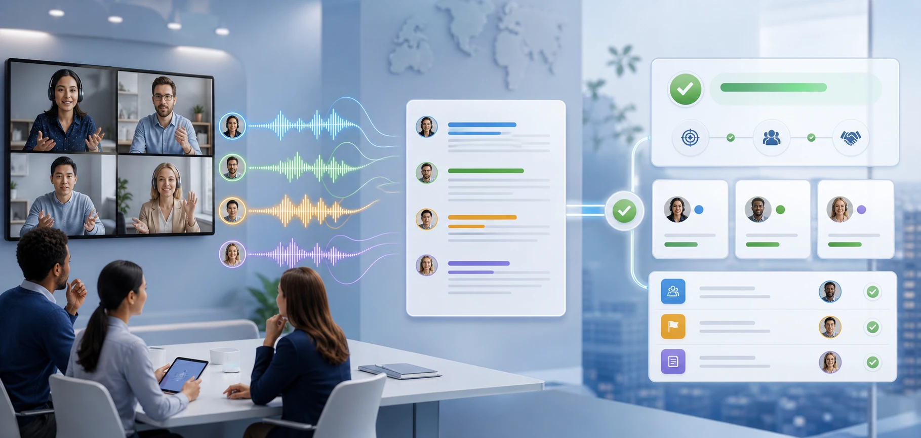 Multilingual conversation converted into a transcript, decisions, owners, and actions