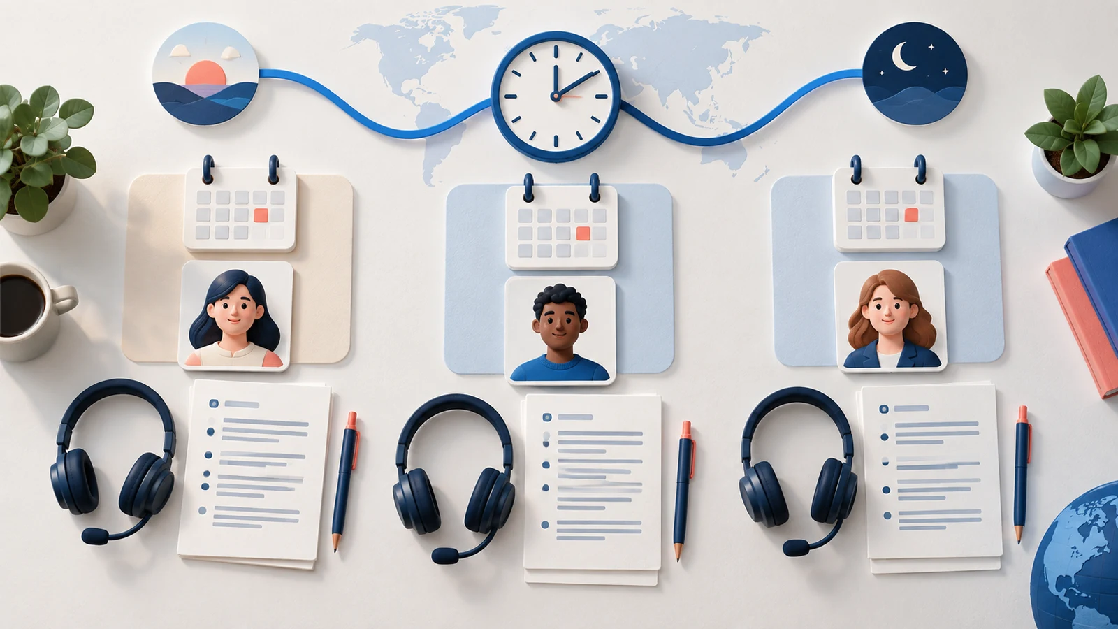 Interview preparation kits with consistent questions, headsets, and calendars across time zones
