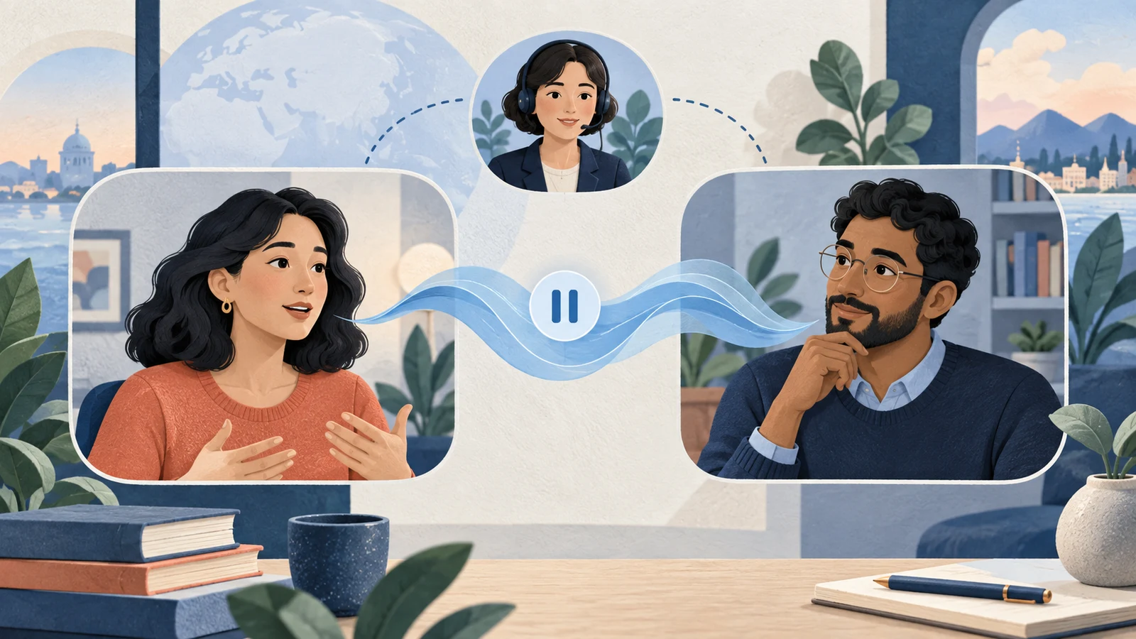 Candidate and interviewer taking turns while a facilitator manages translation pauses
