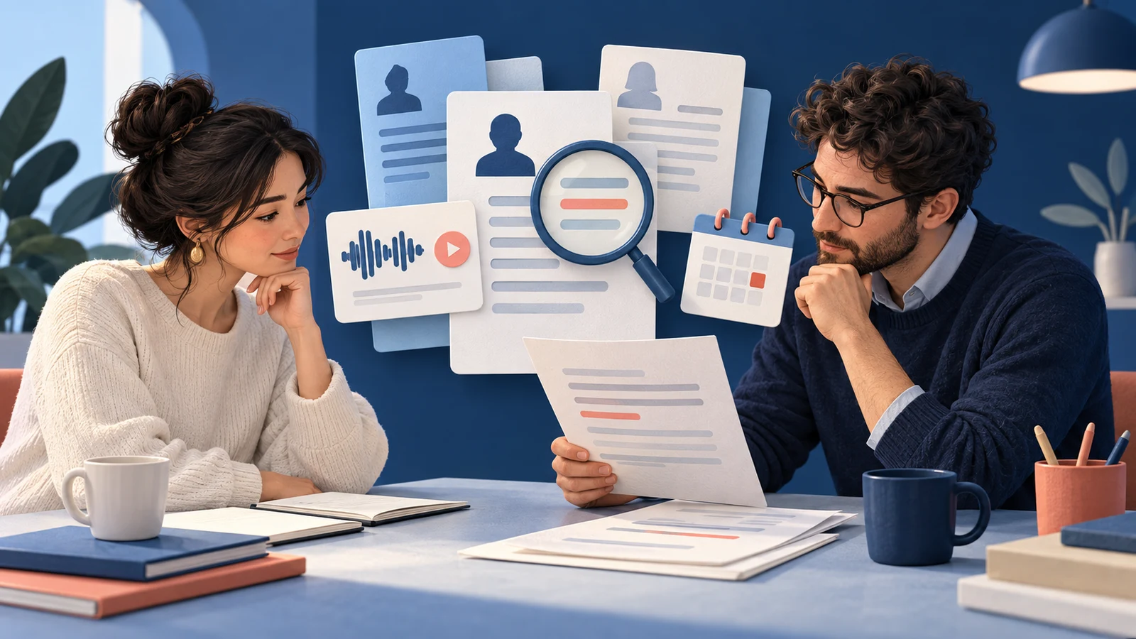 Recruiting colleagues reviewing interview context, clarifications, and follow-up records