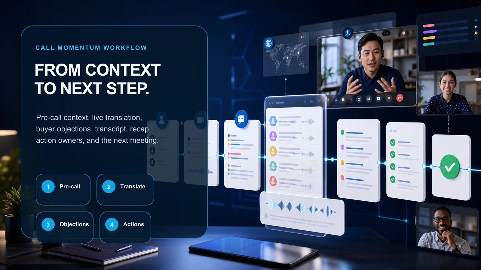 Multilingual sales call workflow showing pre-call context, live translation, buyer objections, transcript, summary, action items, and next step