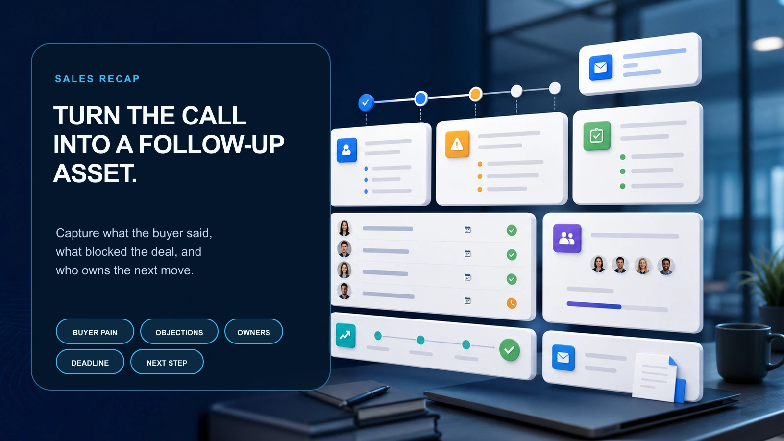Sales recap generated from a multilingual meeting with buyer pain, objections, action items, owners, deadline, and next step