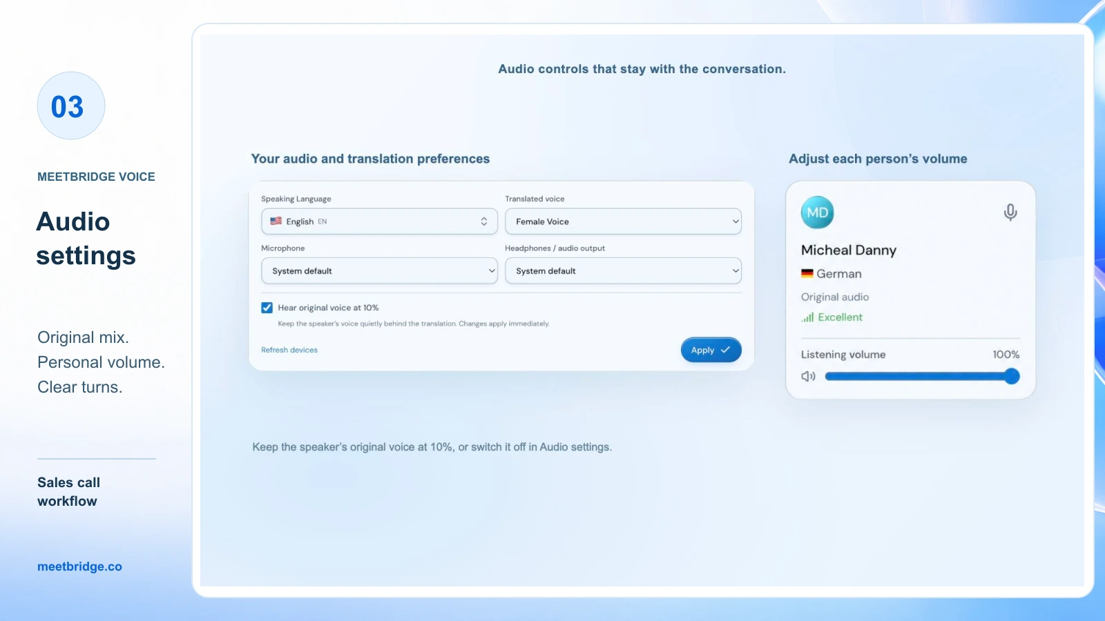 تنظیمات صدای تأییدشدهٔ MeetBridge Voice که فعال بودن صدای اصلی روی ۱۰ درصد، انتخاب دستگاه‌ها و یک اسلایدر حجم شنیدن برای یک شرکت‌کنندهٔ آلمانی را نشان می‌دهد.
