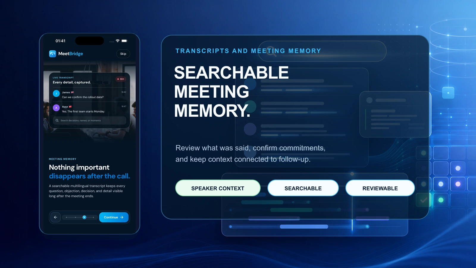Searchable transcript and meeting memory for a multilingual business meeting