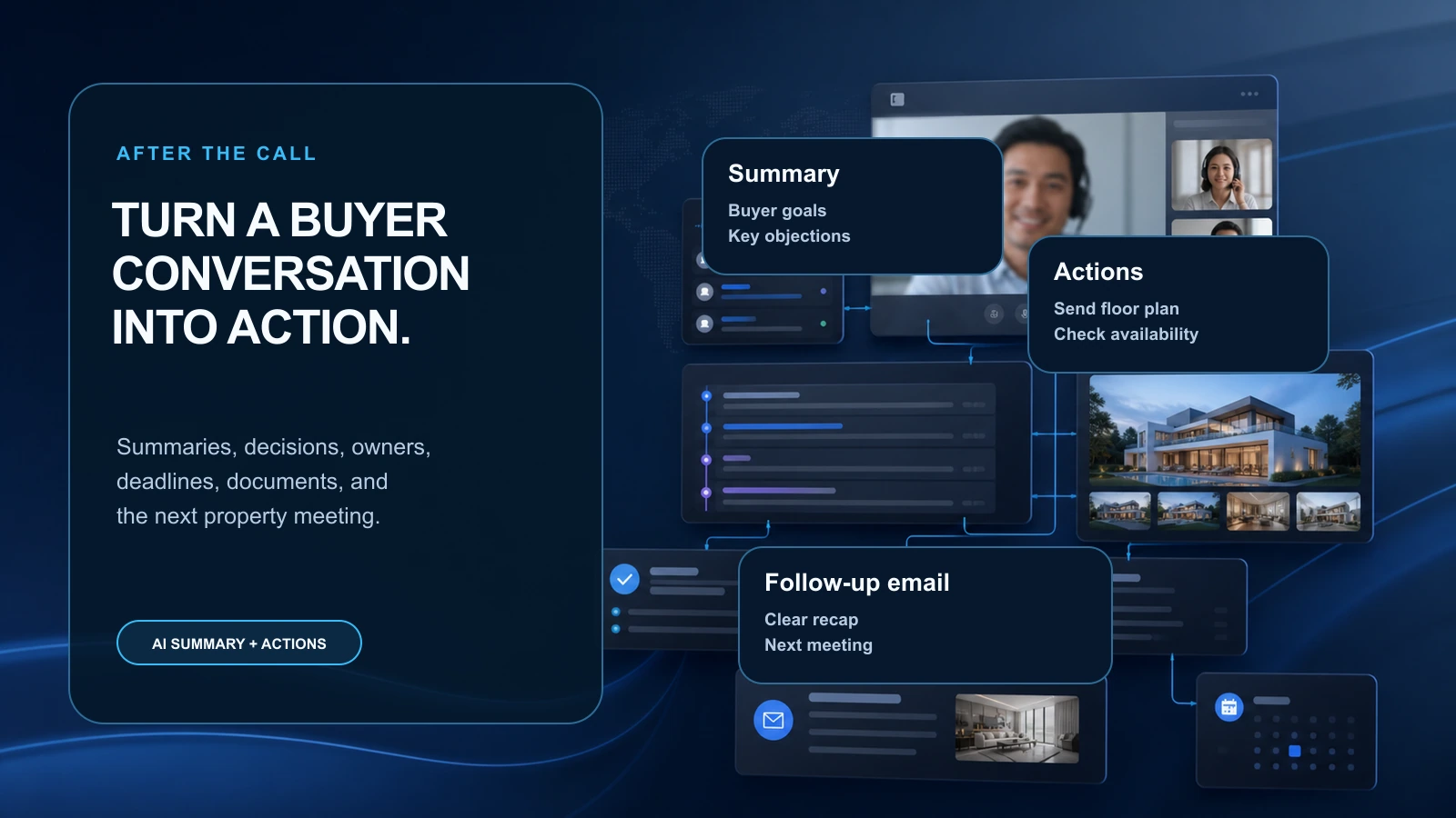 Foreign buyer real estate call converted into AI summary, decisions, action items, and follow-up email