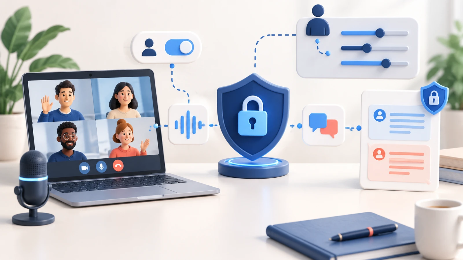 Privacy and governance controls for live audio, translation, consent, and protected meeting records