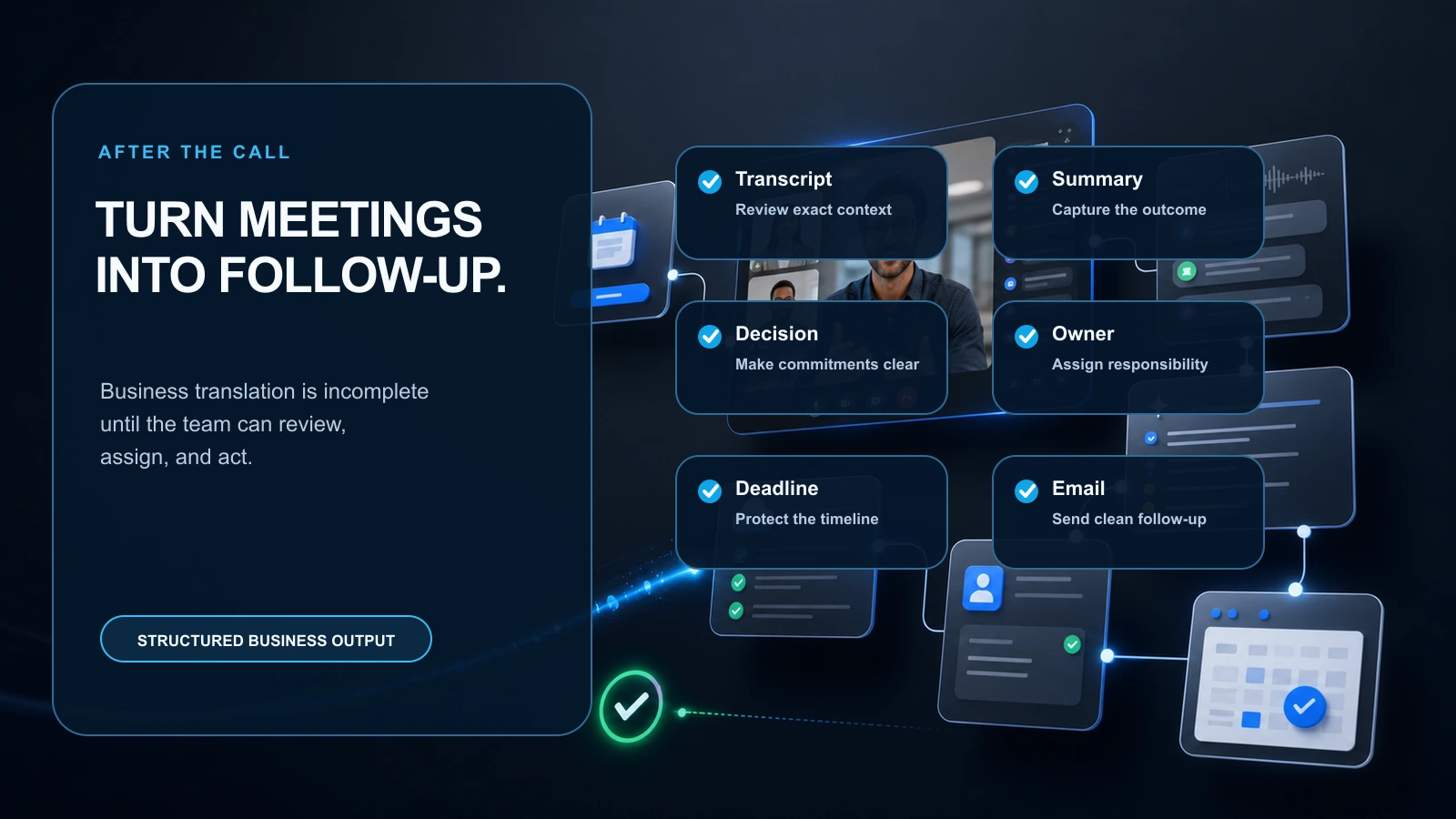 A business call becoming transcript summary decision owner deadline and follow-up email