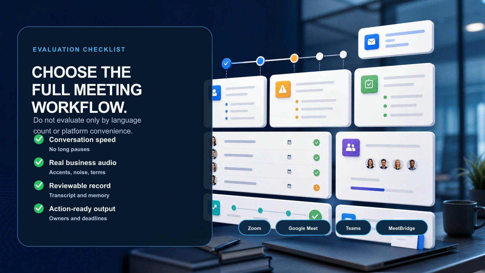Evaluation checklist for choosing a real-time meeting translator across Zoom Google Meet Teams and MeetBridge
