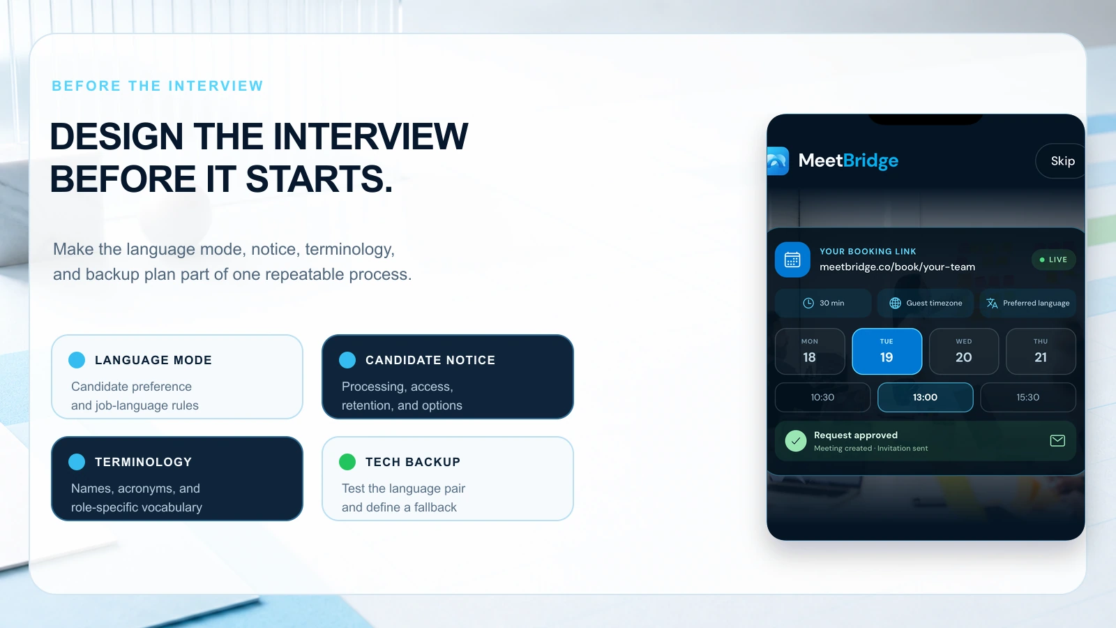 Multilingual interview preparation workflow covering language mode, candidate notice, terminology, and technical backup