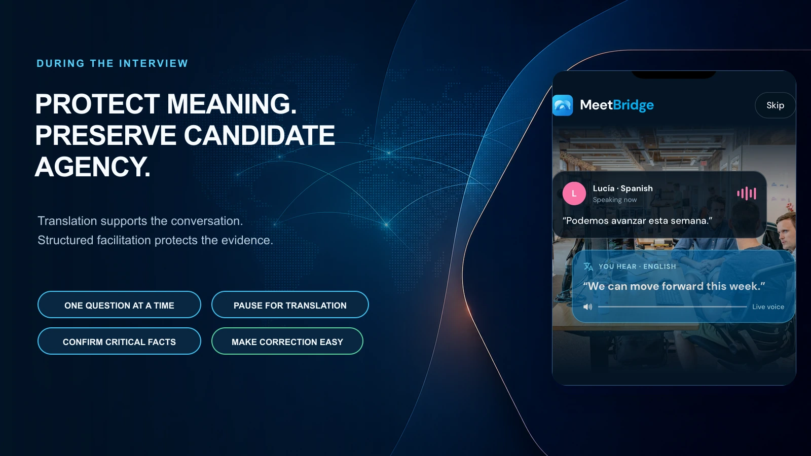 Live translated interview guardrails for turn-taking, pauses, confirmation, and candidate correction