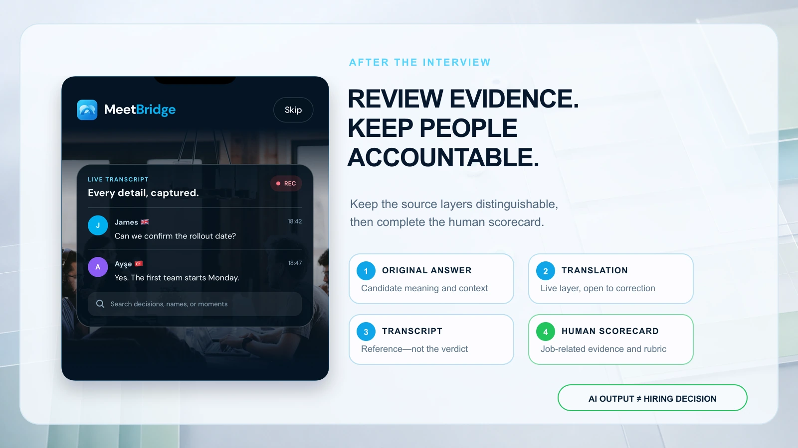 Interview evidence workflow from original answer and translation to transcript and human scorecard