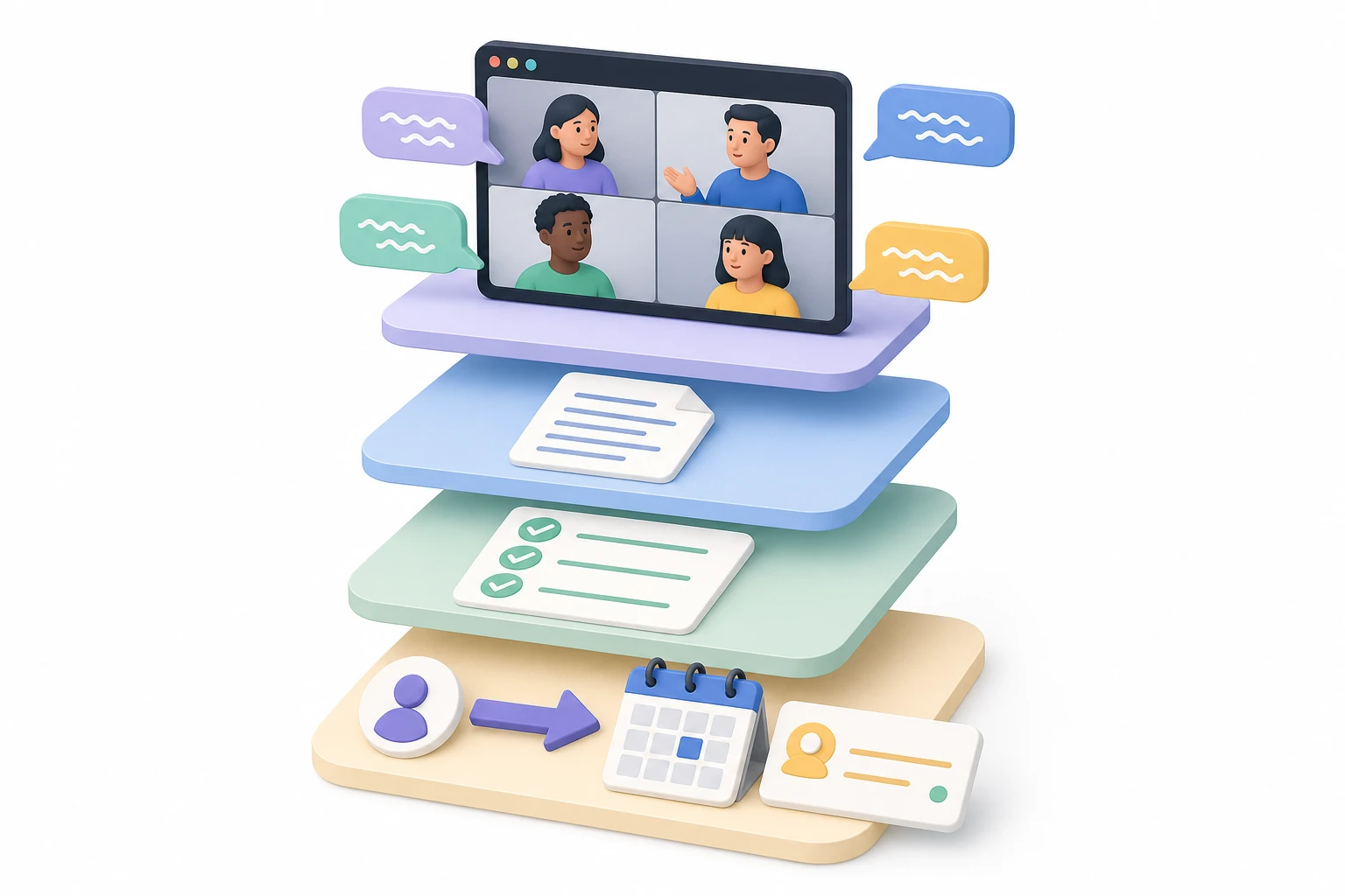 Layers from live translation to transcript, decisions, and actions