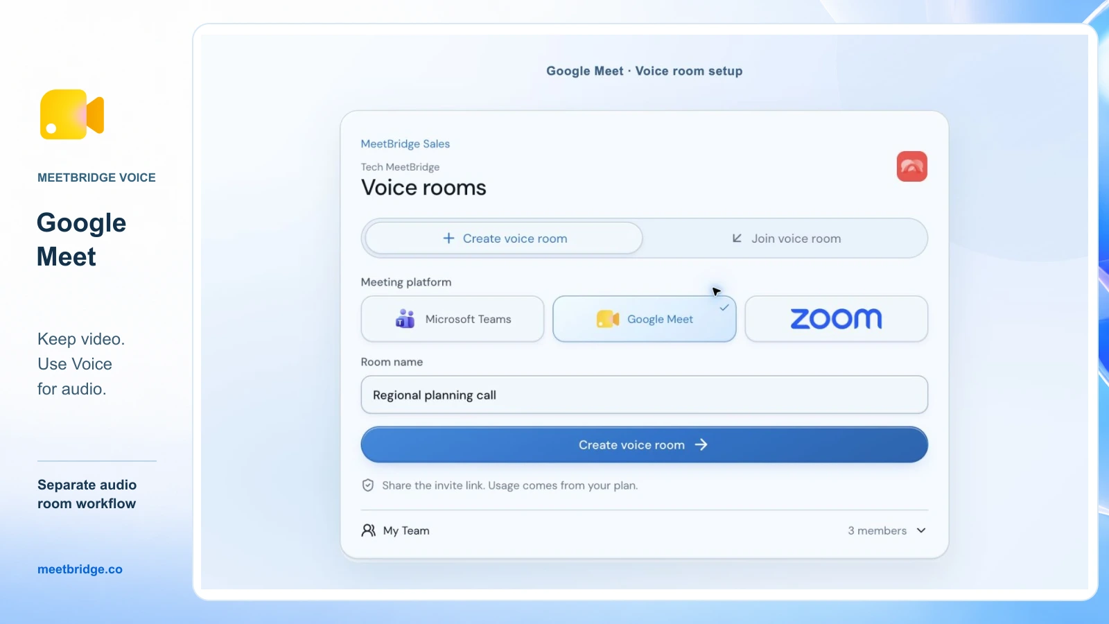Approved MeetBridge Voice room setup with Google Meet selected, framed with the Google Meet icon and a reminder to keep video and use Voice for audio.