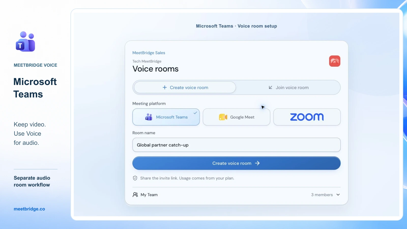 Approved MeetBridge Voice room setup with Microsoft Teams selected, framed with the Teams icon and a reminder to keep video and use Voice for audio.