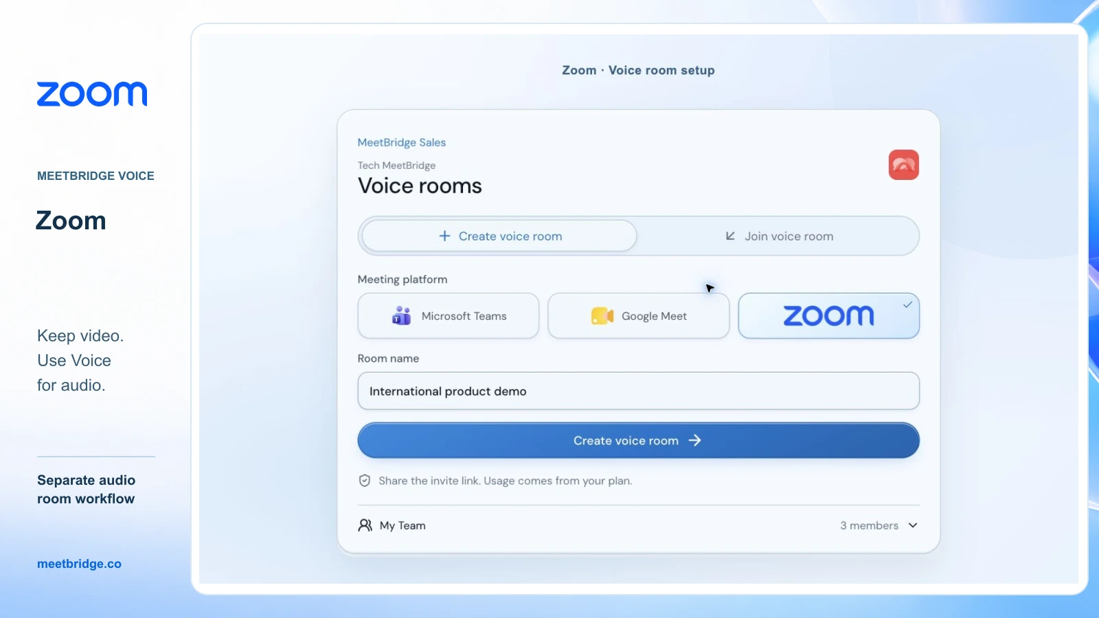 Approved MeetBridge Voice room setup with Zoom selected, framed with the Zoom logo and a reminder to keep video and use Voice for audio.
