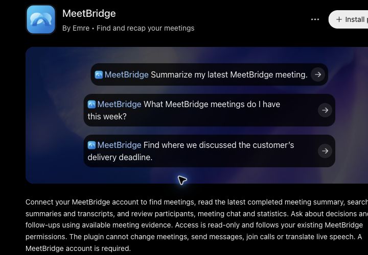 Scheda pubblicata del plugin MeetBridge in ChatGPT con il pulsante Installa plugin e tre domande di esempio