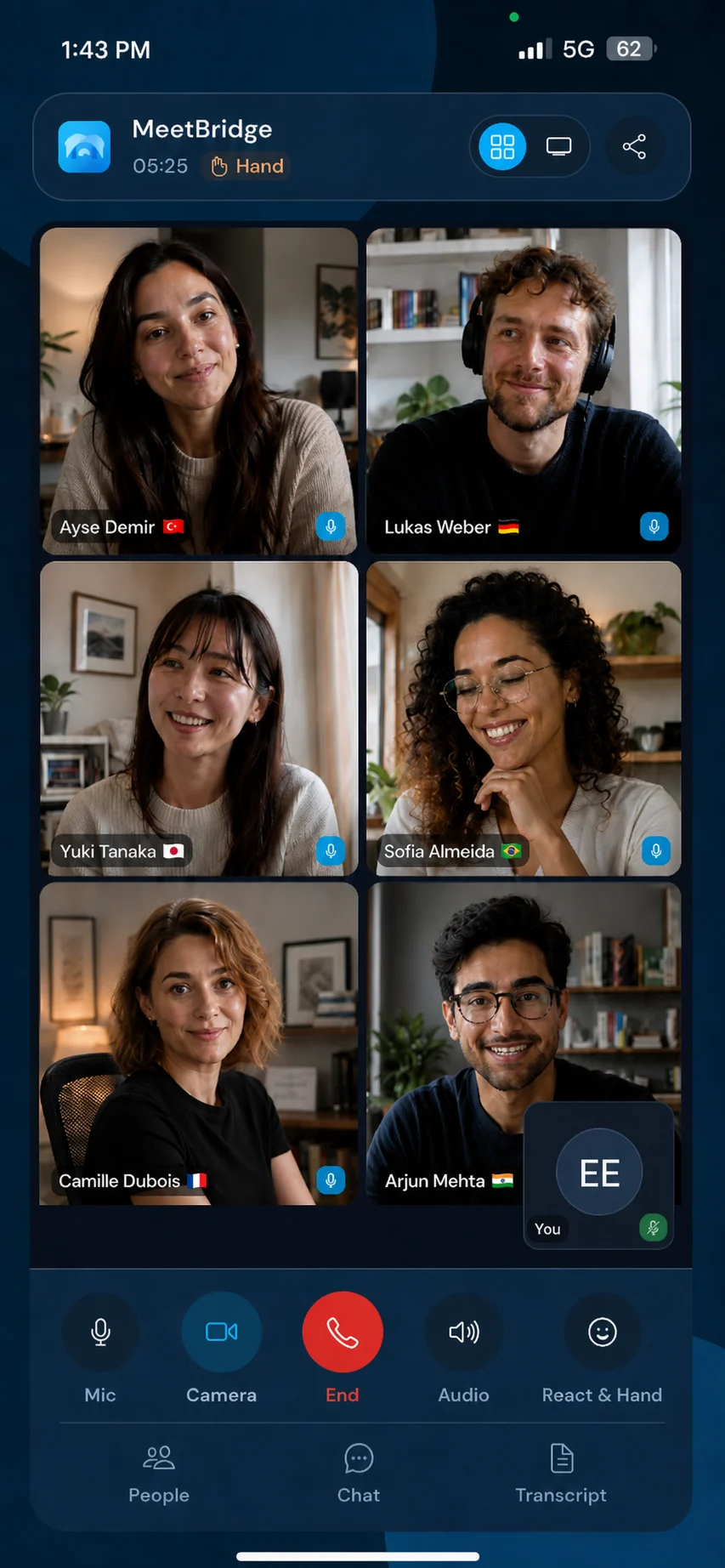 MeetBridge mobile meeting interface with participant and meeting controls