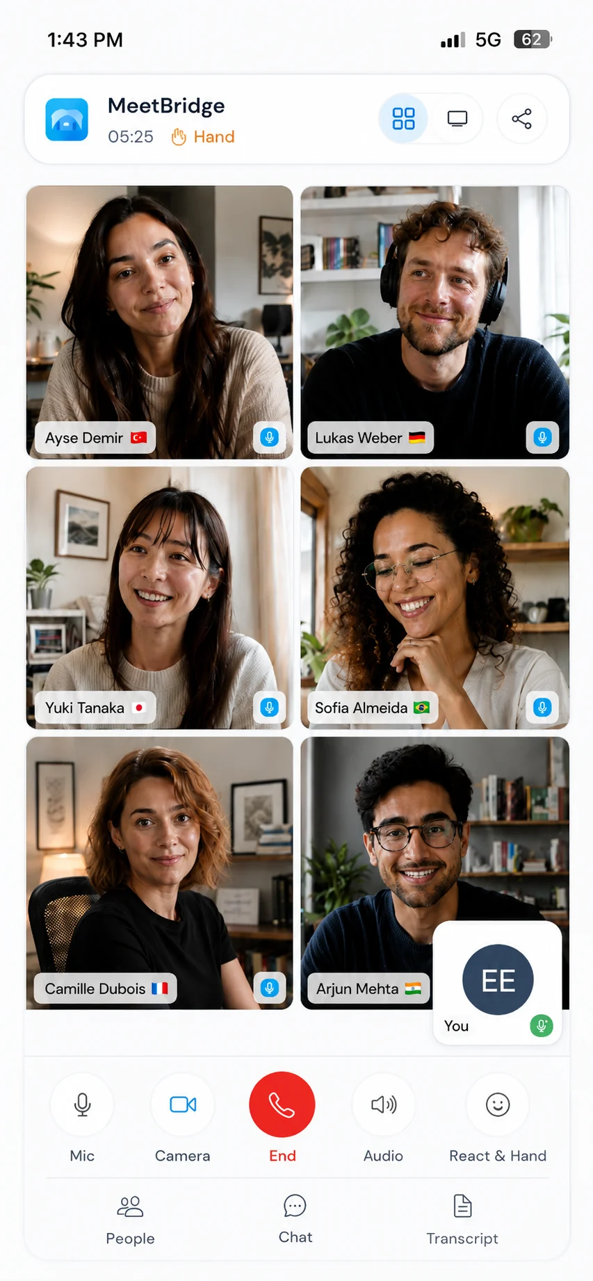 MeetBridge mobile meeting interface with participant and meeting controls