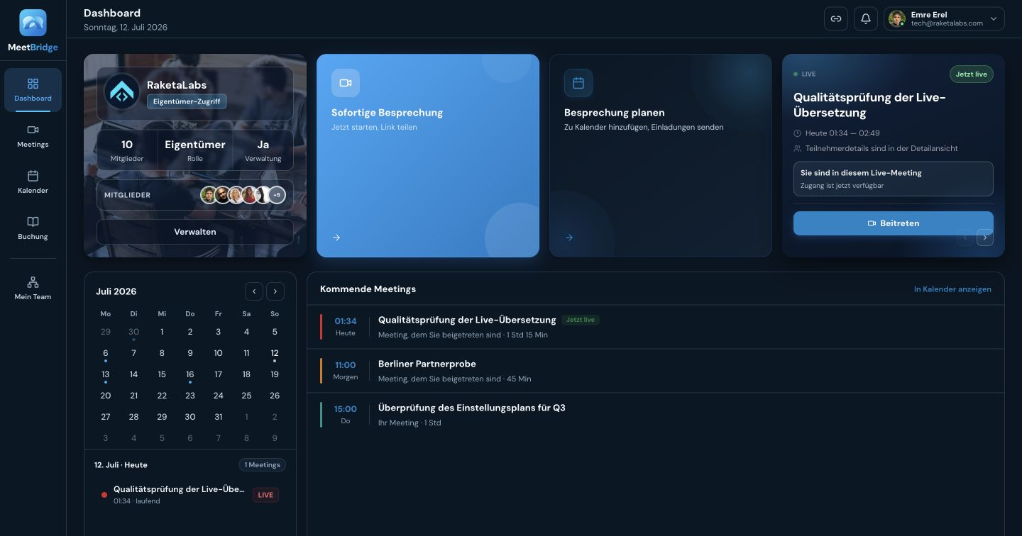 MeetBridge-Ansicht Dashboard für mehrsprachige Meetings, Live-Übersetzung, Terminplanung und Teamarbeit