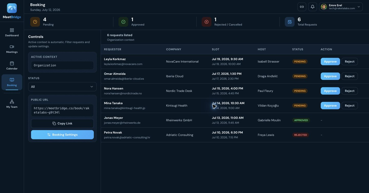 MeetBridge Booking screen for multilingual meetings, live translation, scheduling, and team collaboration