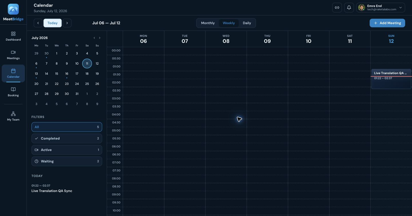 MeetBridge Calendar screen for multilingual meetings, live translation, scheduling, and team collaboration