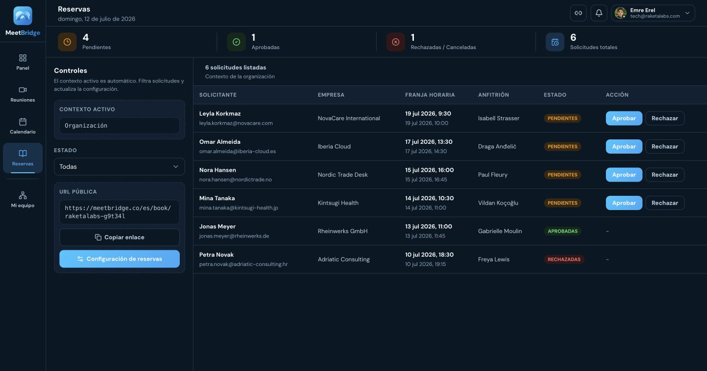 Pantalla Reservas de MeetBridge para reuniones multilingües, traducción en tiempo real, programación y colaboración en equipo