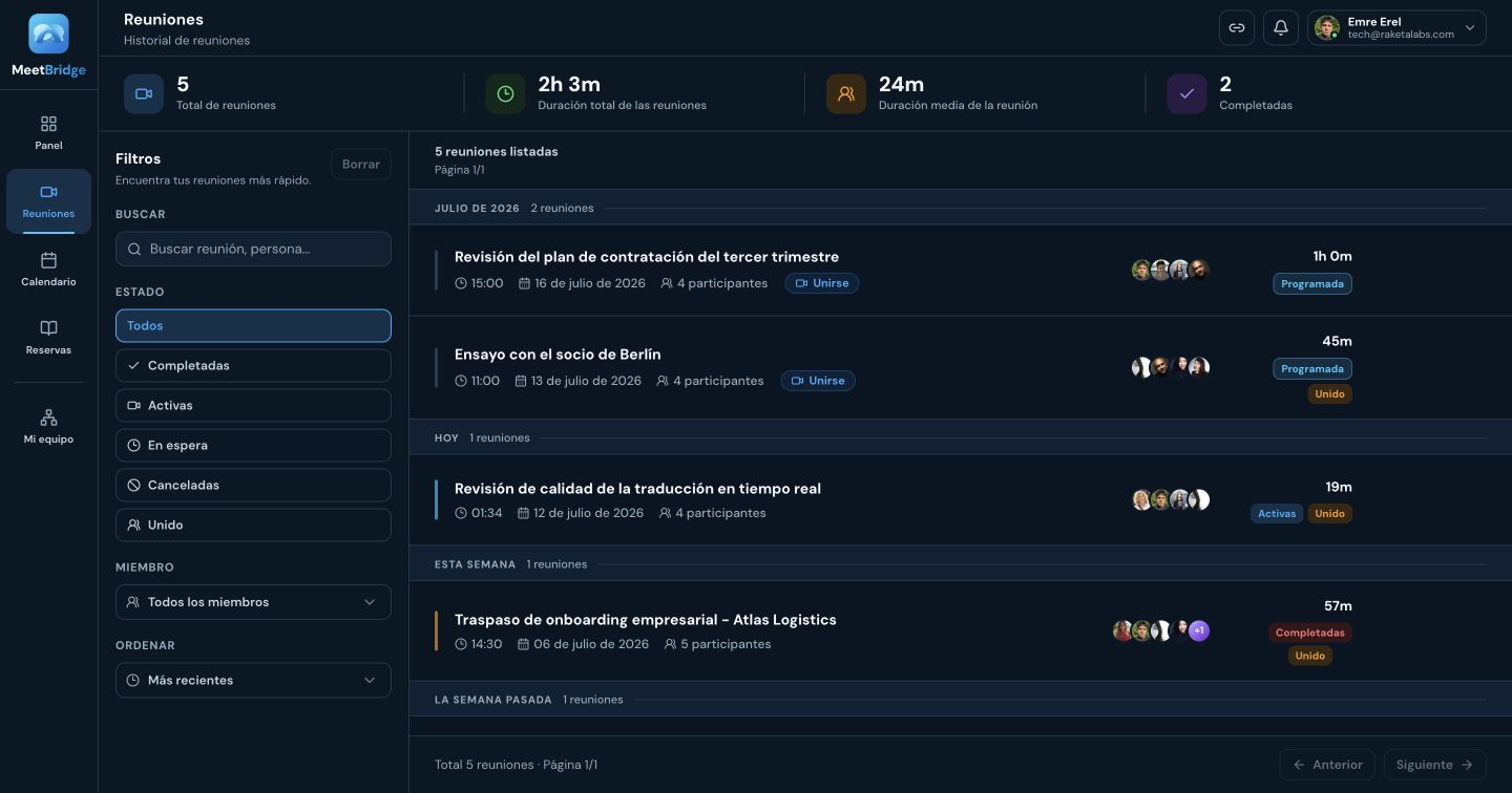 Pantalla Historial de reuniones de MeetBridge para reuniones multilingües, traducción en tiempo real, programación y colaboración en equipo