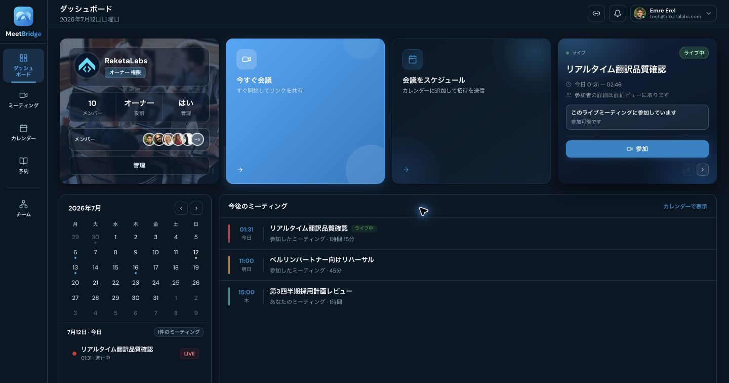多言語ミーティング、リアルタイム翻訳、日程調整、チーム連携に対応するMeetBridgeのダッシュボード画面