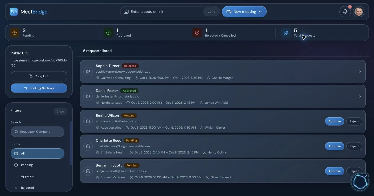 MeetBridge booking workspace with scheduling and booking-management controls.
