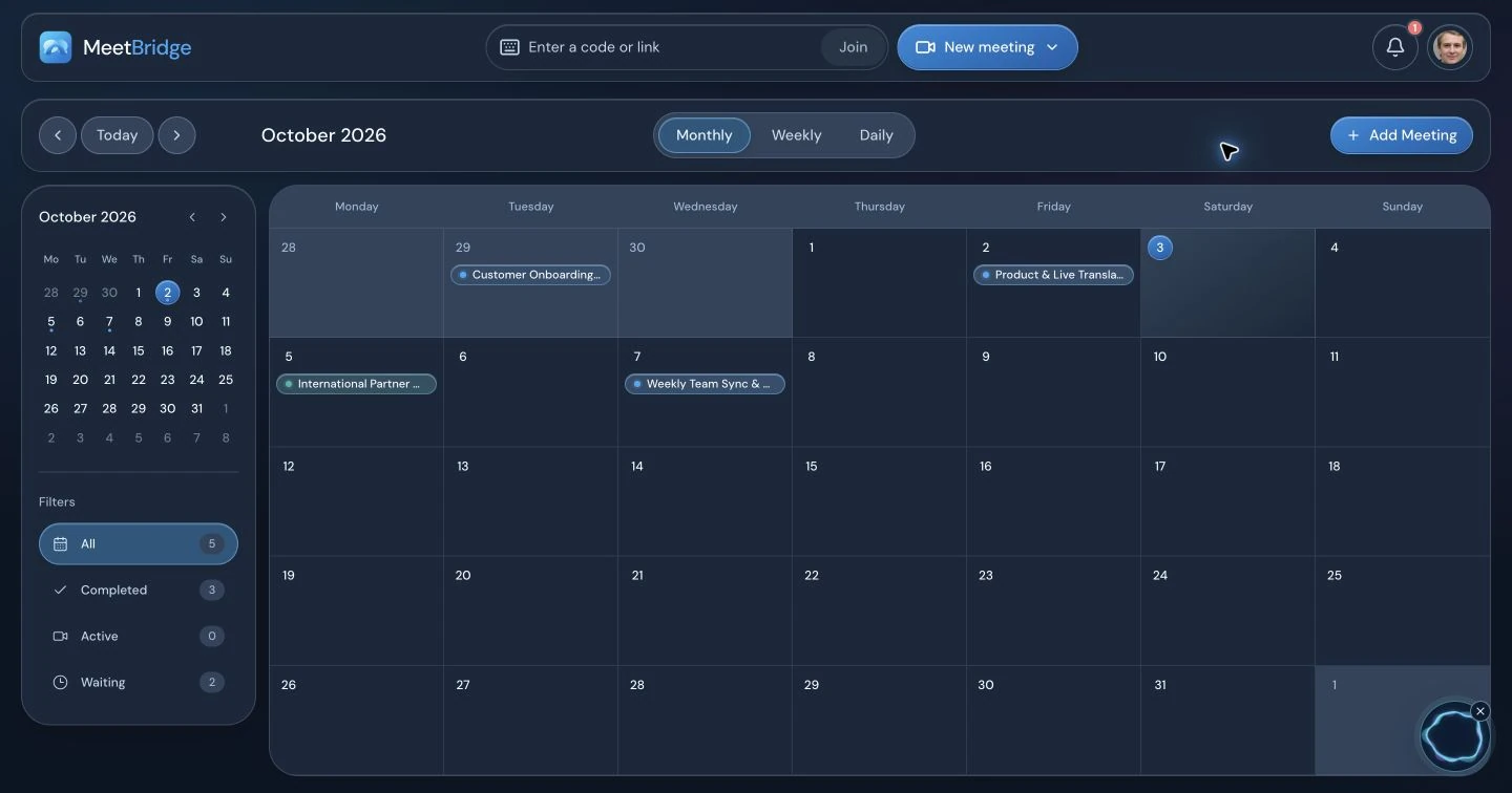 Schermata Calendario di MeetBridge per riunioni multilingue, traduzione in tempo reale, pianificazione e collaborazione del team