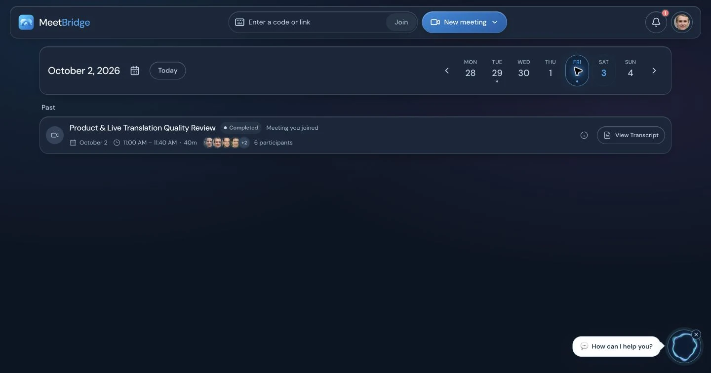 Schermata Dashboard di MeetBridge per riunioni multilingue, traduzione in tempo reale, pianificazione e collaborazione del team