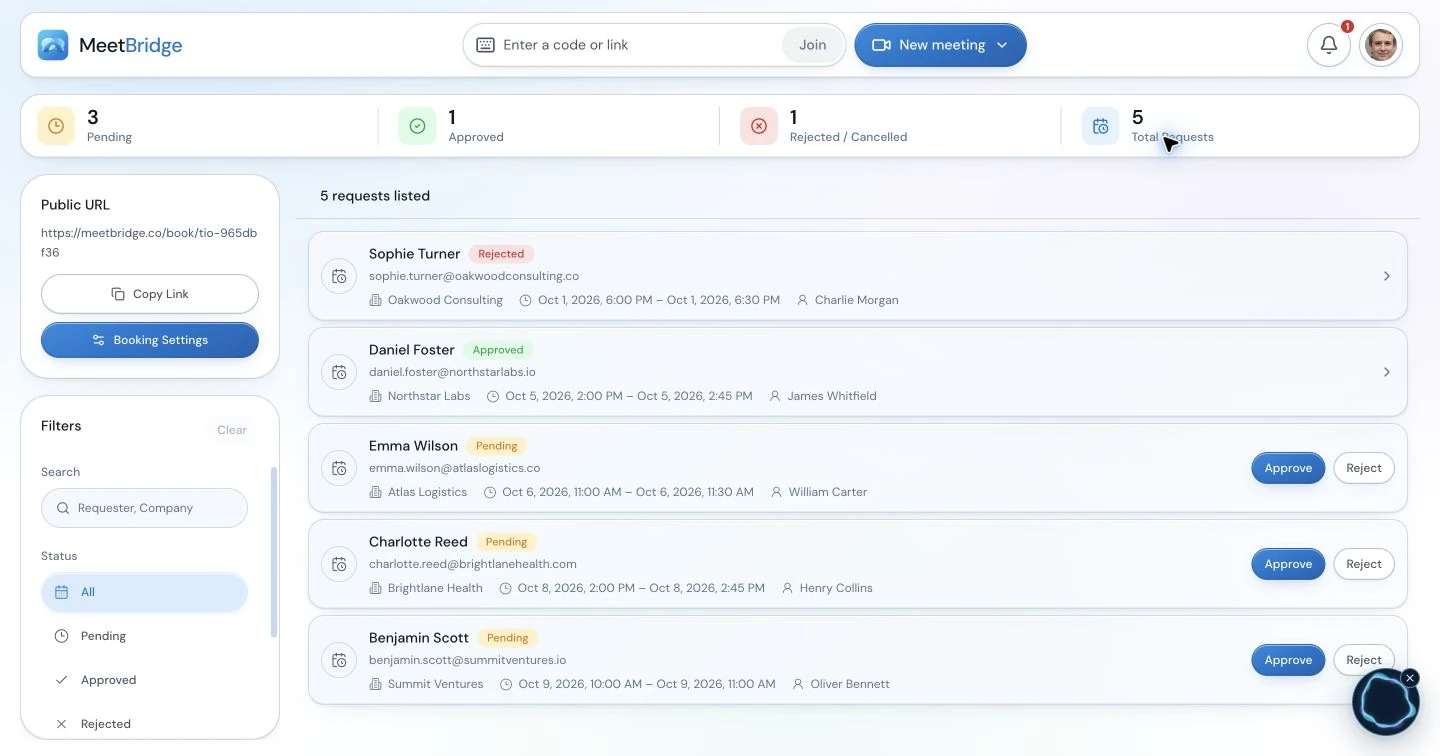 MeetBridge booking workspace with scheduling and booking-management controls.