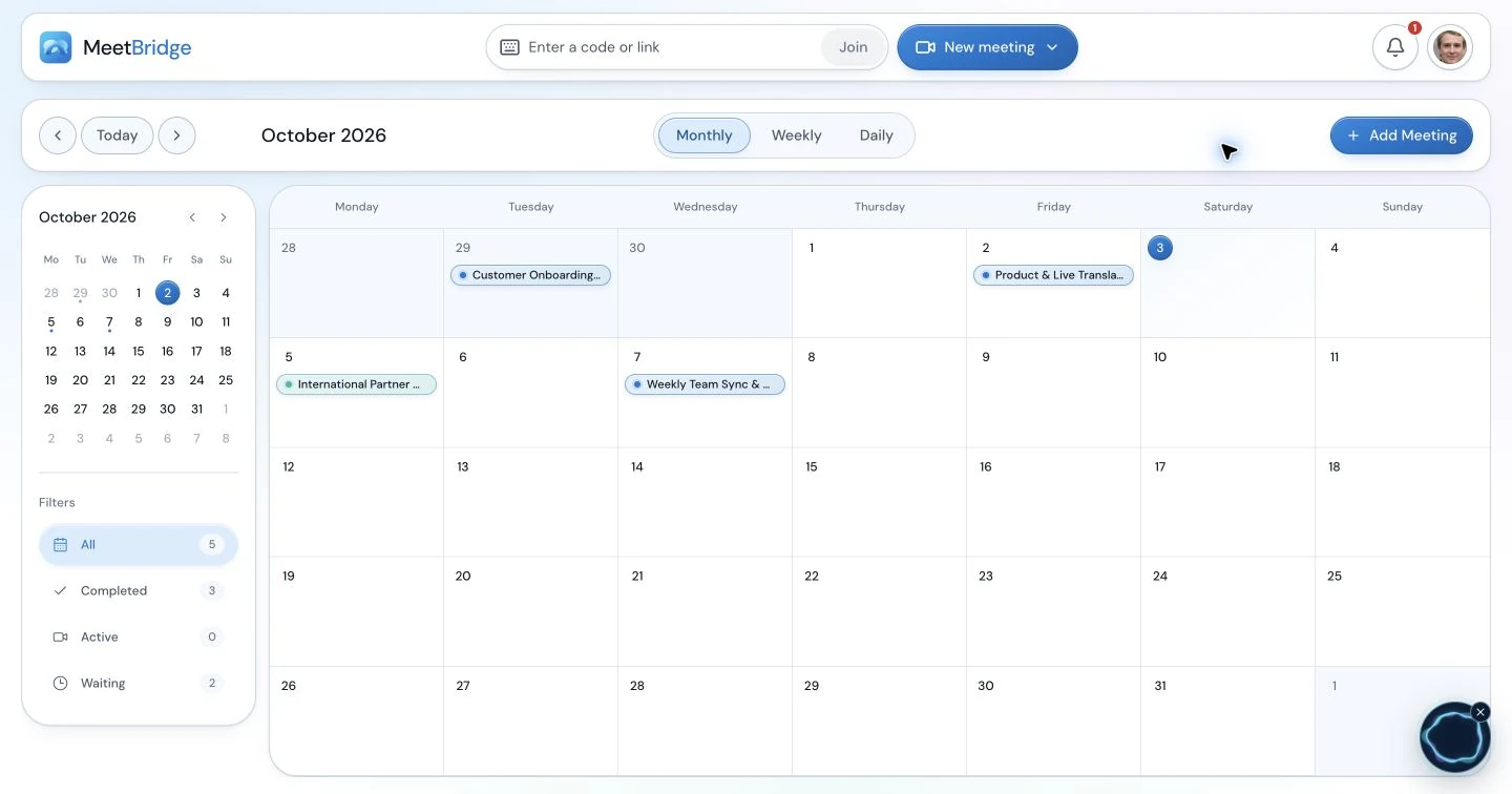 Schermata Calendario di MeetBridge per riunioni multilingue, traduzione in tempo reale, pianificazione e collaborazione del team