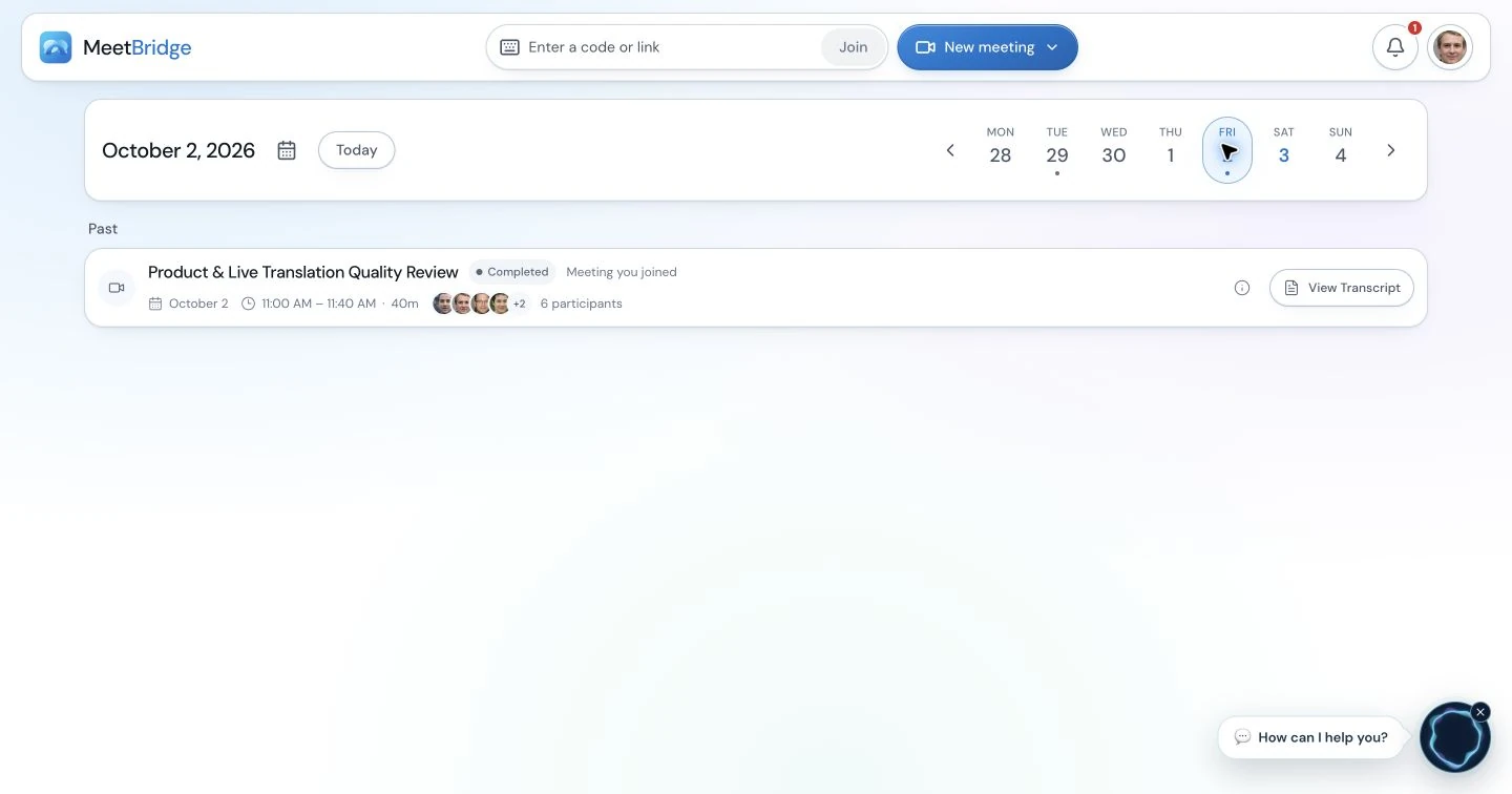 Schermata Dashboard di MeetBridge per riunioni multilingue, traduzione in tempo reale, pianificazione e collaborazione del team