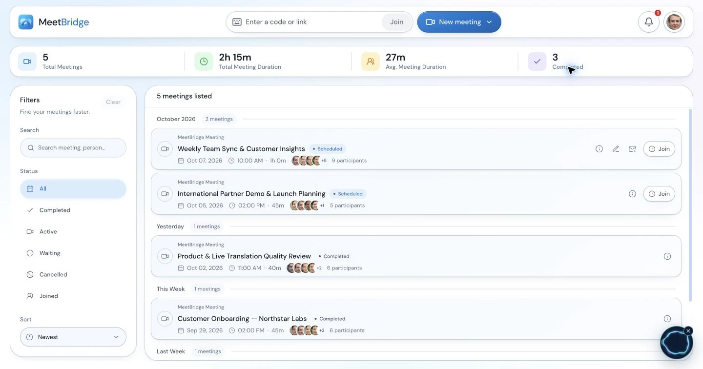 MeetBridge My Meets workspace showing meeting history and meeting-management controls.