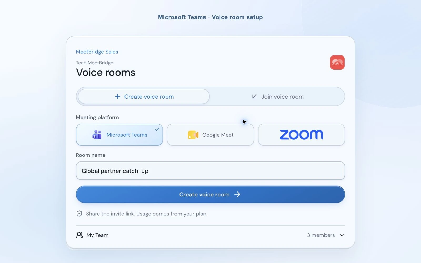 MeetBridge Voice room creation with Microsoft Teams selected as the meeting platform.
