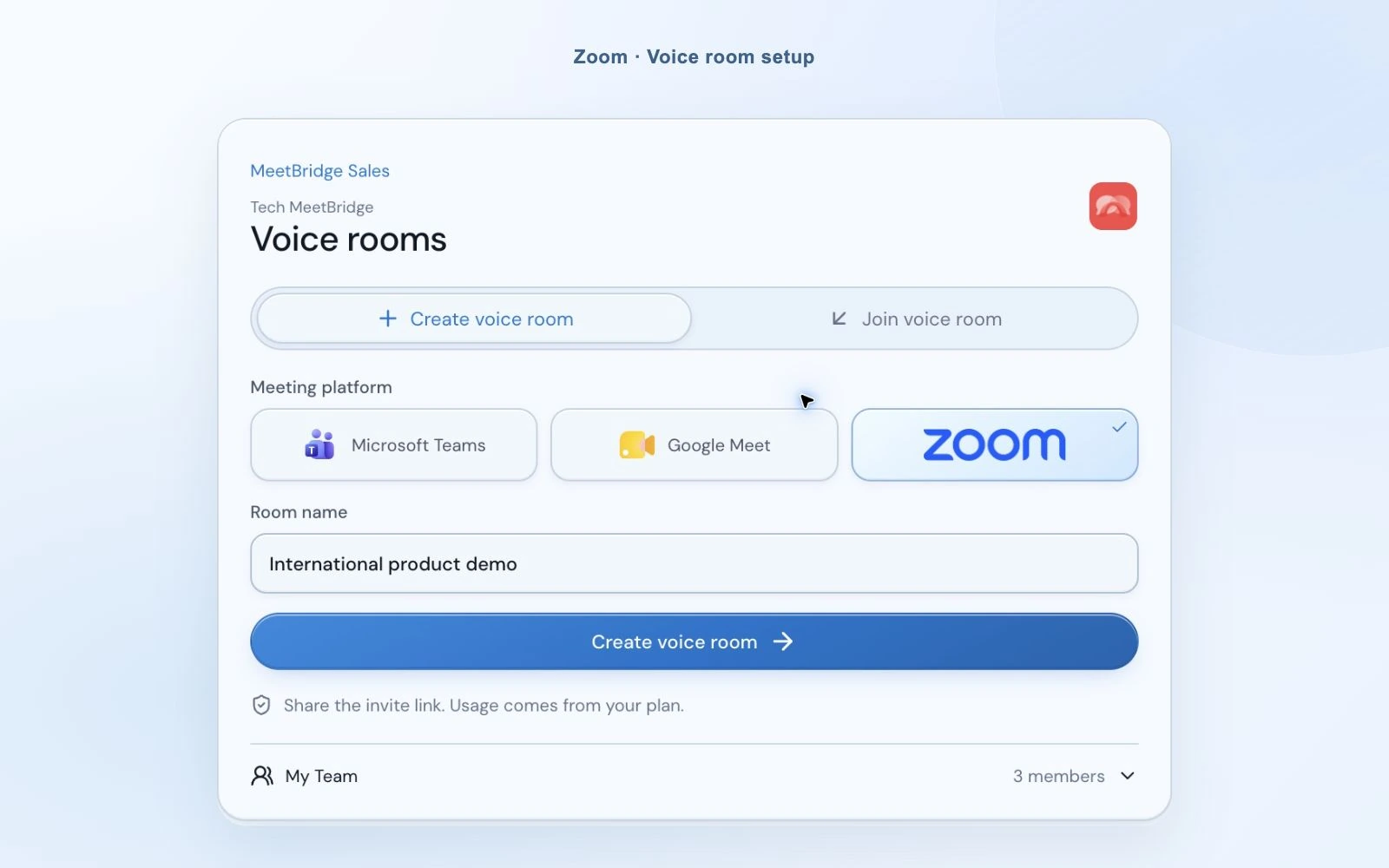 ساخت اتاق MeetBridge Voice با Zoom انتخاب‌شده و نام اتاق International product demo.