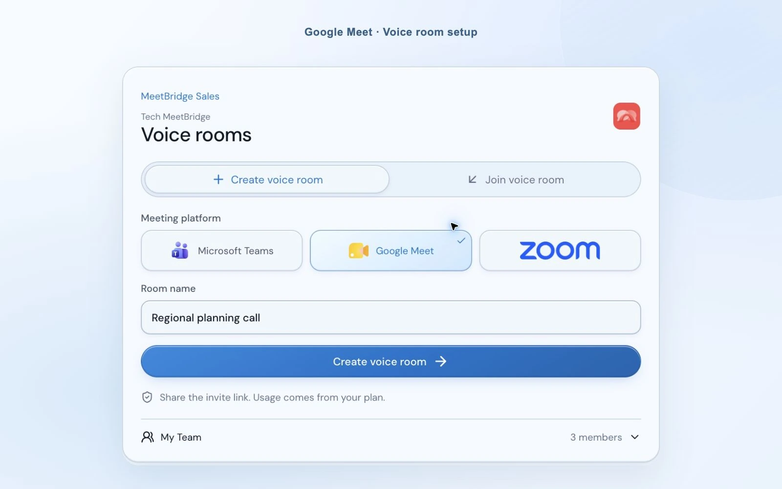 MeetBridge Voice room creation with Google Meet selected and the room name Regional planning call.