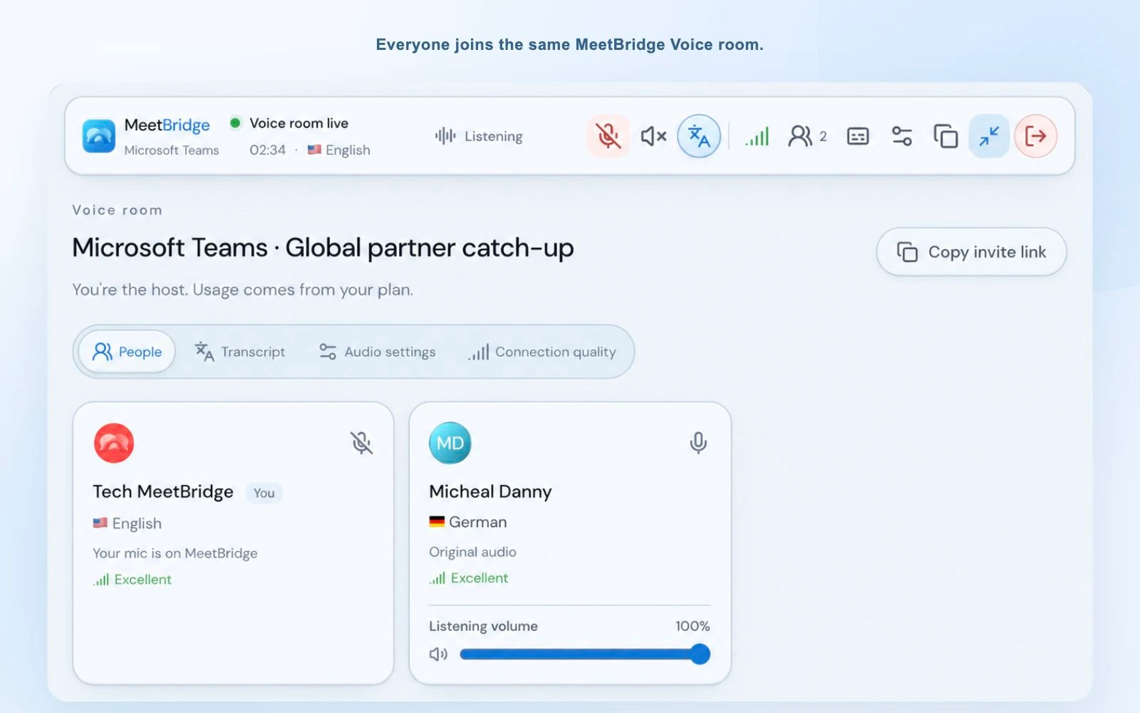 MeetBridge Voice room for Microsoft Teams showing an English-speaking host and Micheal Danny with German selected.