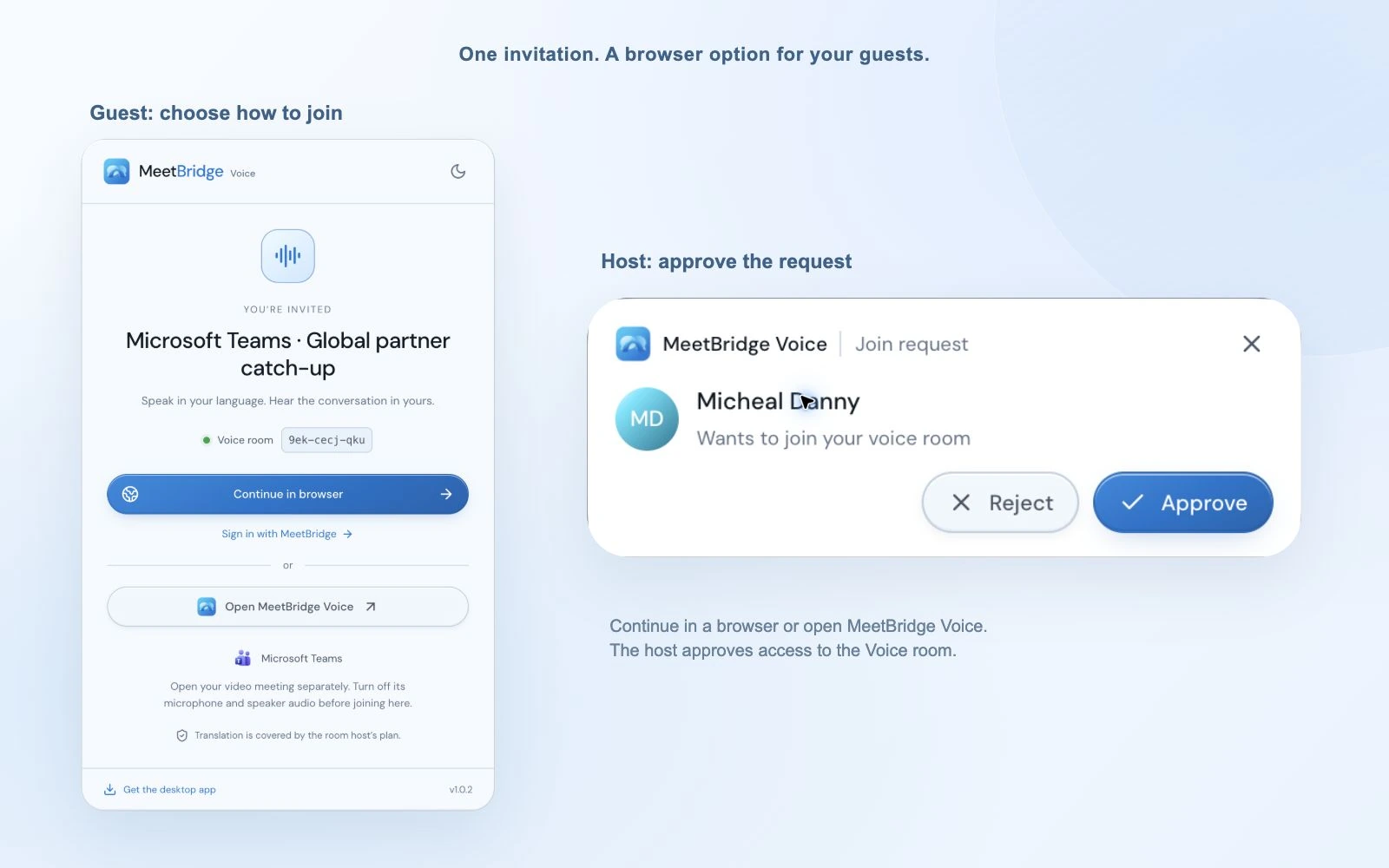 MeetBridge Voice invitation with browser and desktop options, next to the host’s join approval notification.