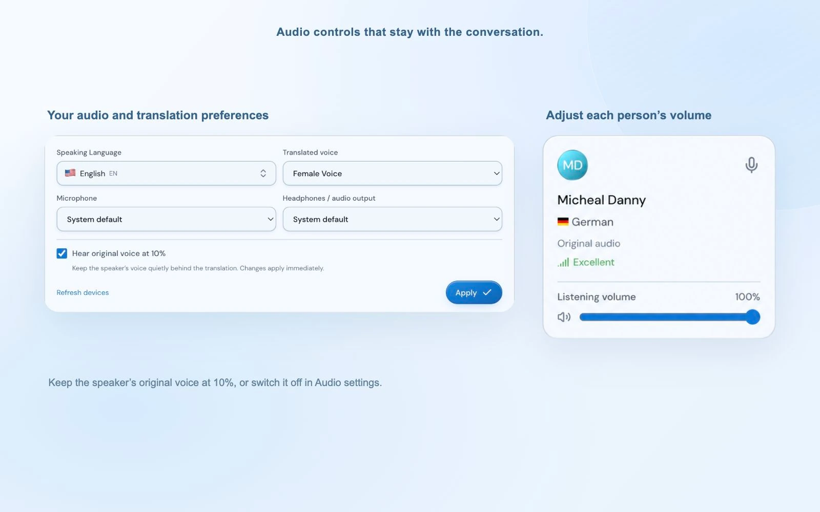 تنظیمات صدای MeetBridge Voice با فعال بودن صدای اصلی در سطح 10 درصد و کارت آلمانی Micheal Danny با لغزنده میزان صدای شنیداری.